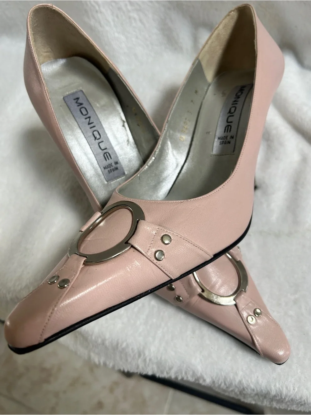 Nique Blush Pink Pointed Leather Heels with Gold Ring Accent